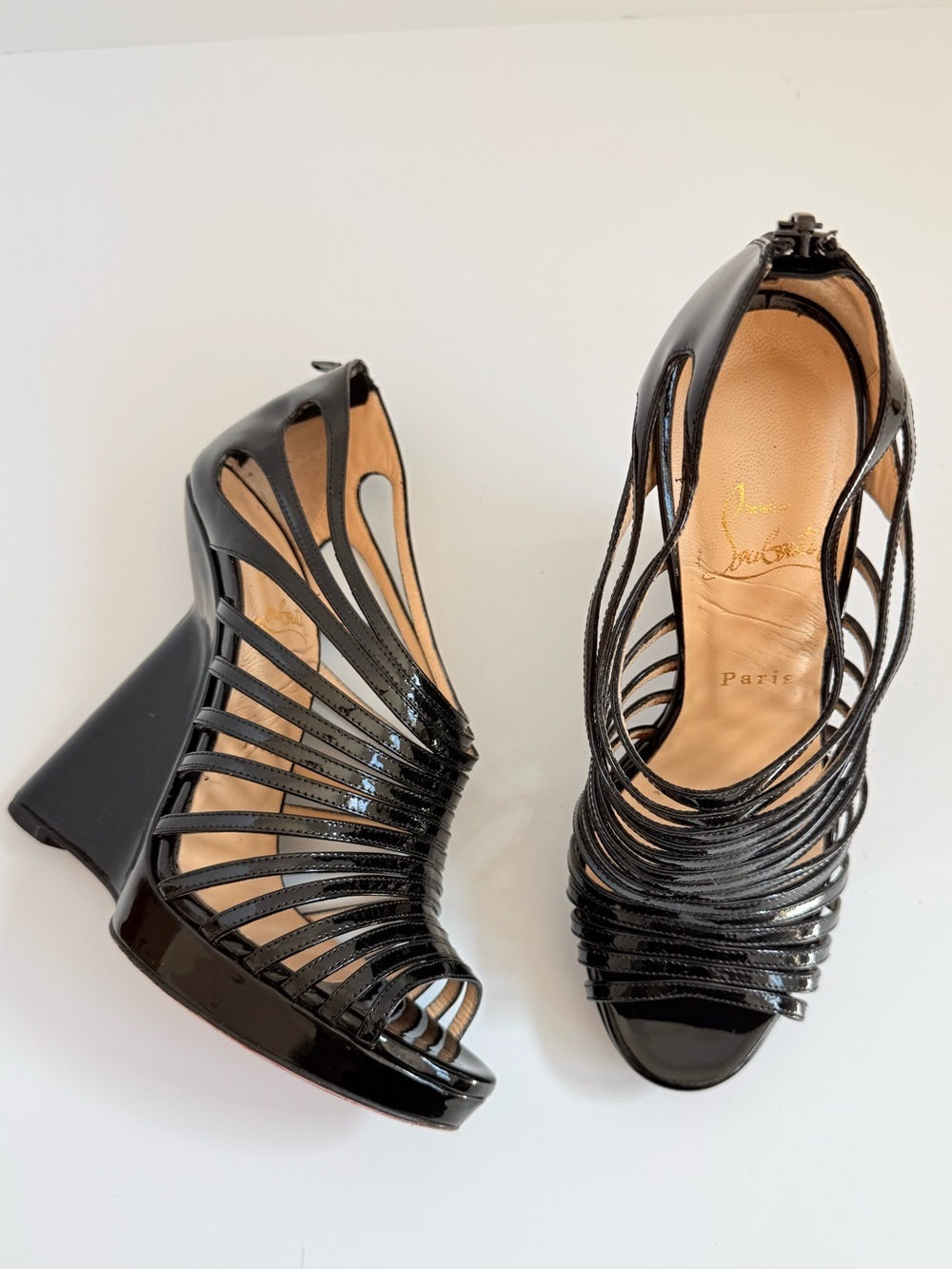 CHRISTIAN LOUBOUTIN Disqueen 120 Black Patent Cage Wedge Sandals EU 38 Rare